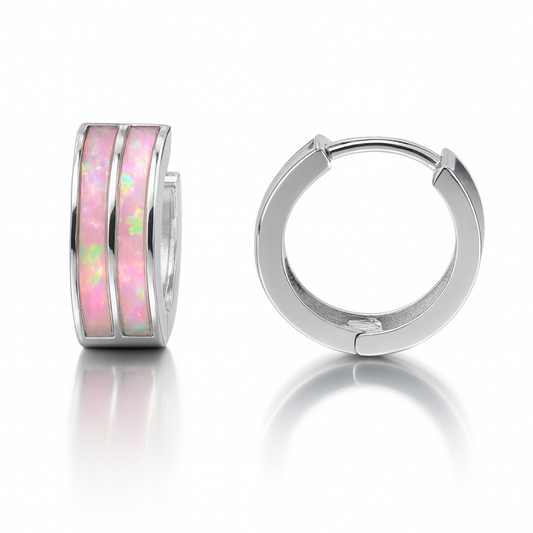 14k White Gold Double Row Light Pink Opal Huggie Hoop Earrings