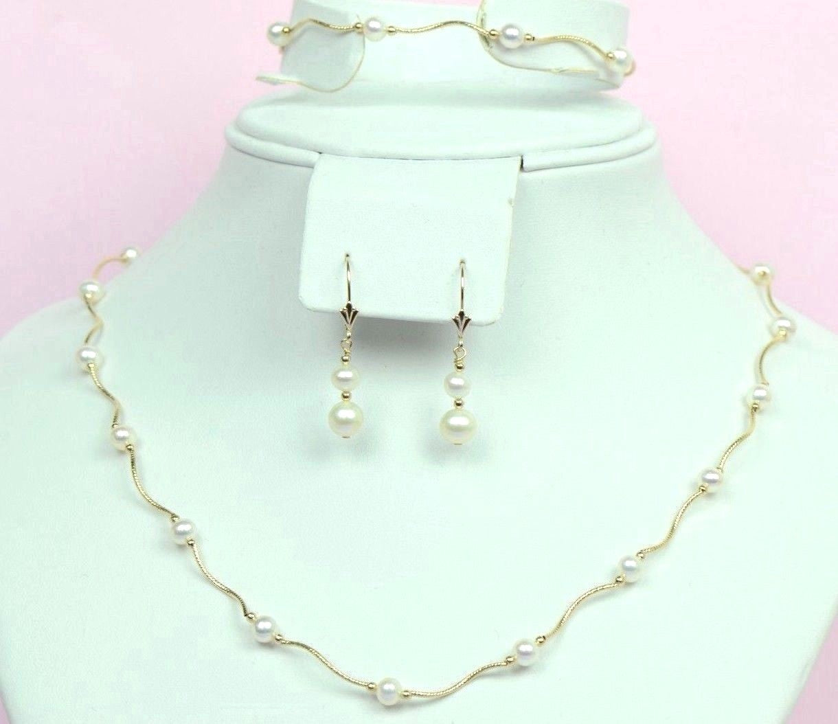 14k Yellow Gold Natural genuine White Pearls Necklace,Bracelet,Earrings 3pcs Set