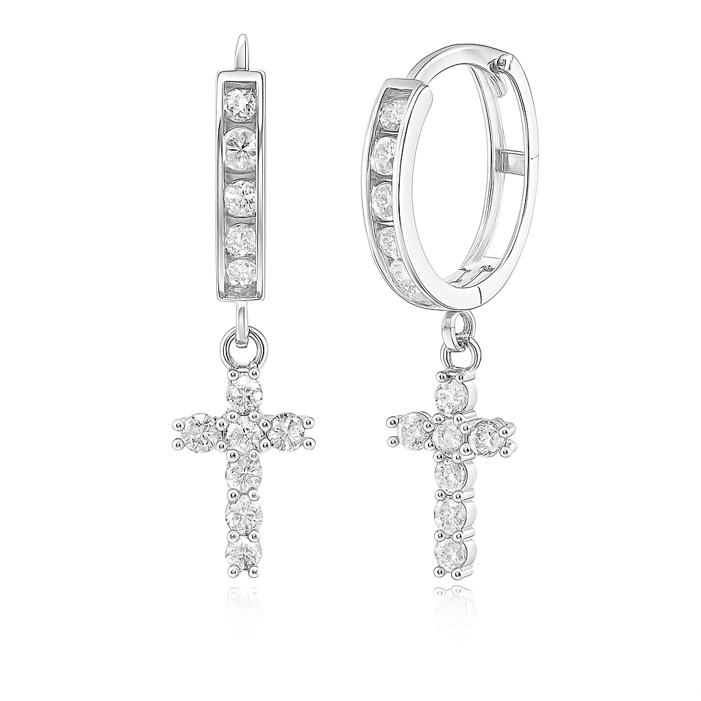14k Yellow/White Gold Cross Dangle Hoop Huggie CZ Earrings