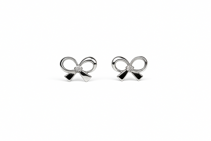 14k Yellow & White Gold CZ Cute Bow Tie Screw Back Stud Earring for Girls & Kids