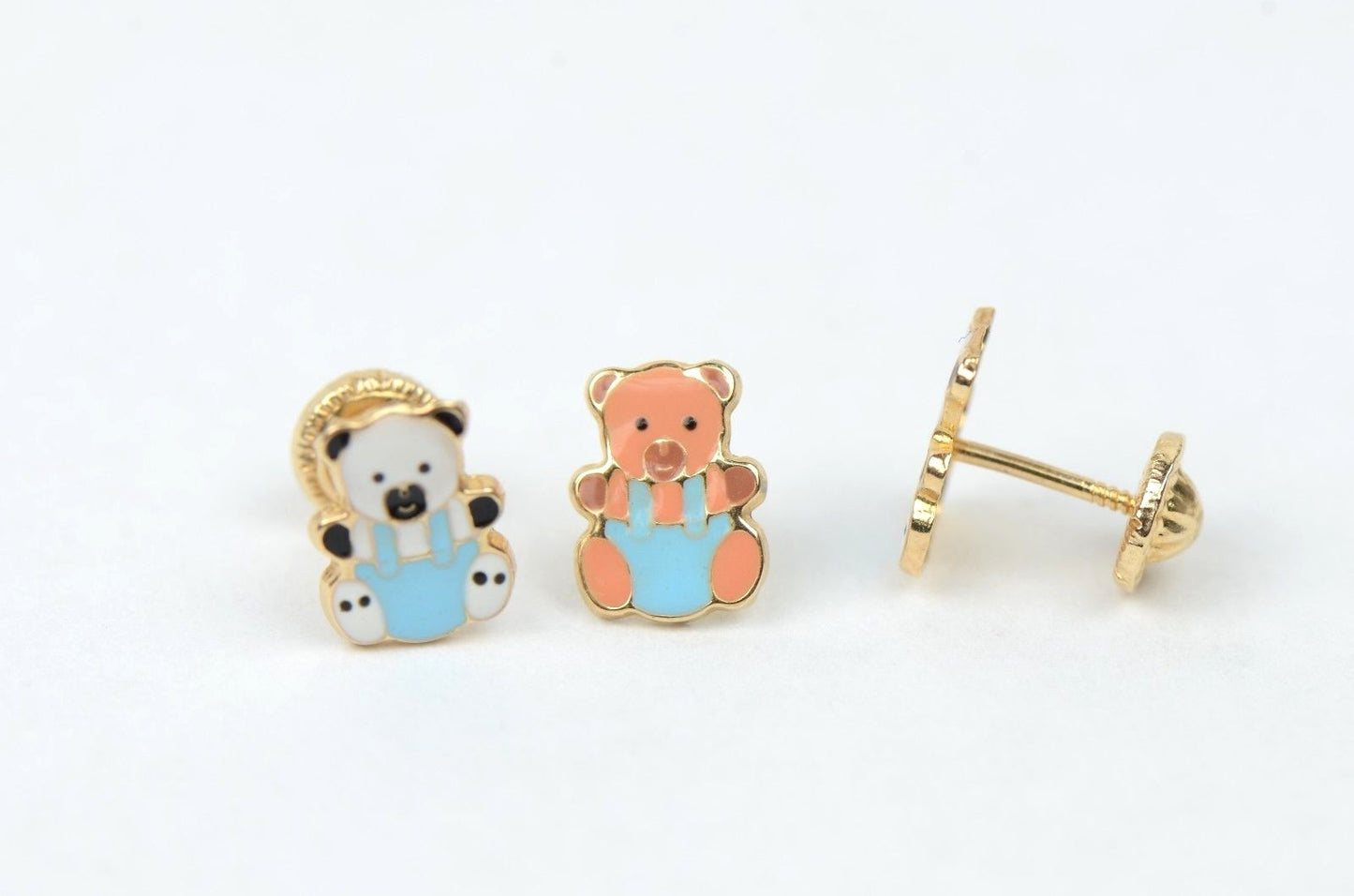 14k Yellow Gold Baby Enamel Panda Earrings, Screw Back