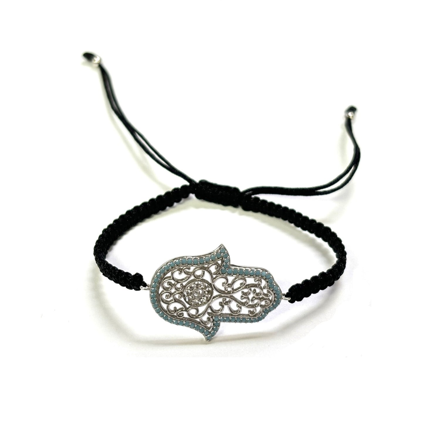 925 Sterling Silver  C Z Hamsa Bracelet 6" Adjustable to 11"