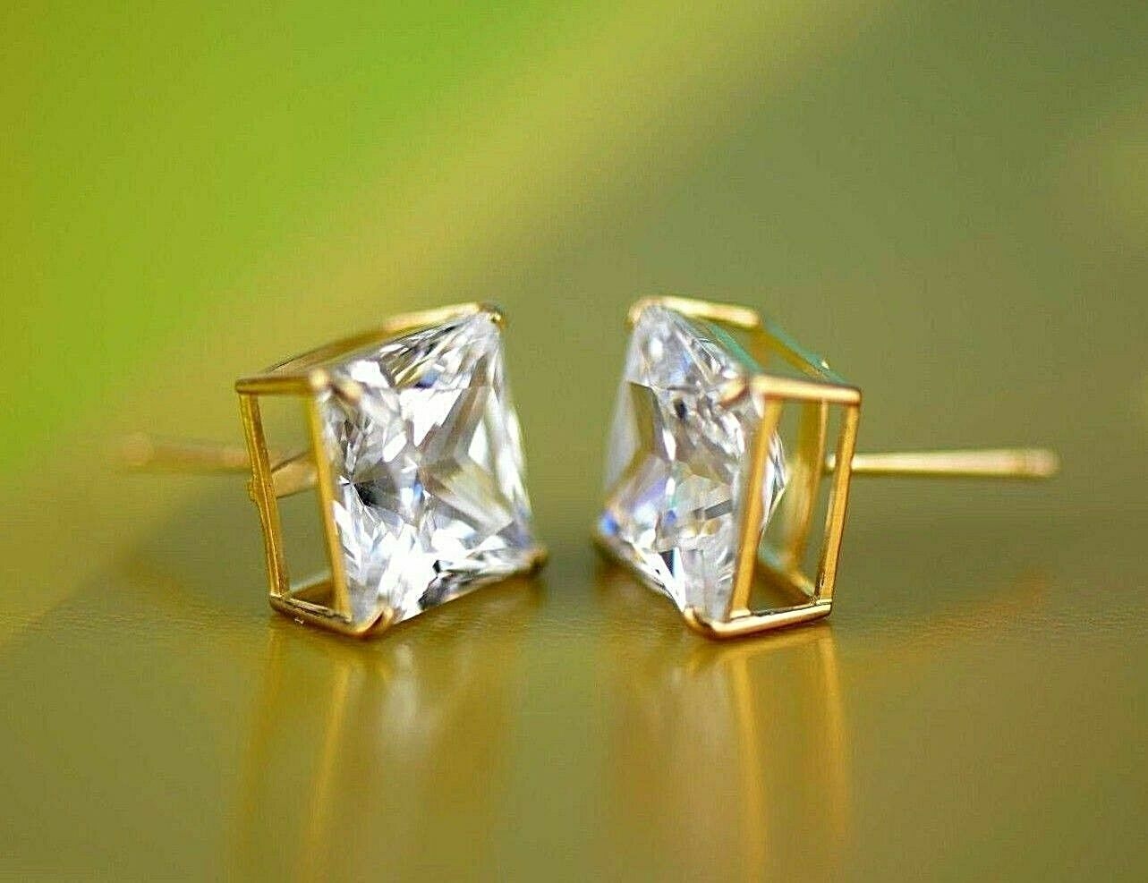 14k Heavy Basket Yellow Gold Square AAA Quality CZ Stud Earrings with Push Back