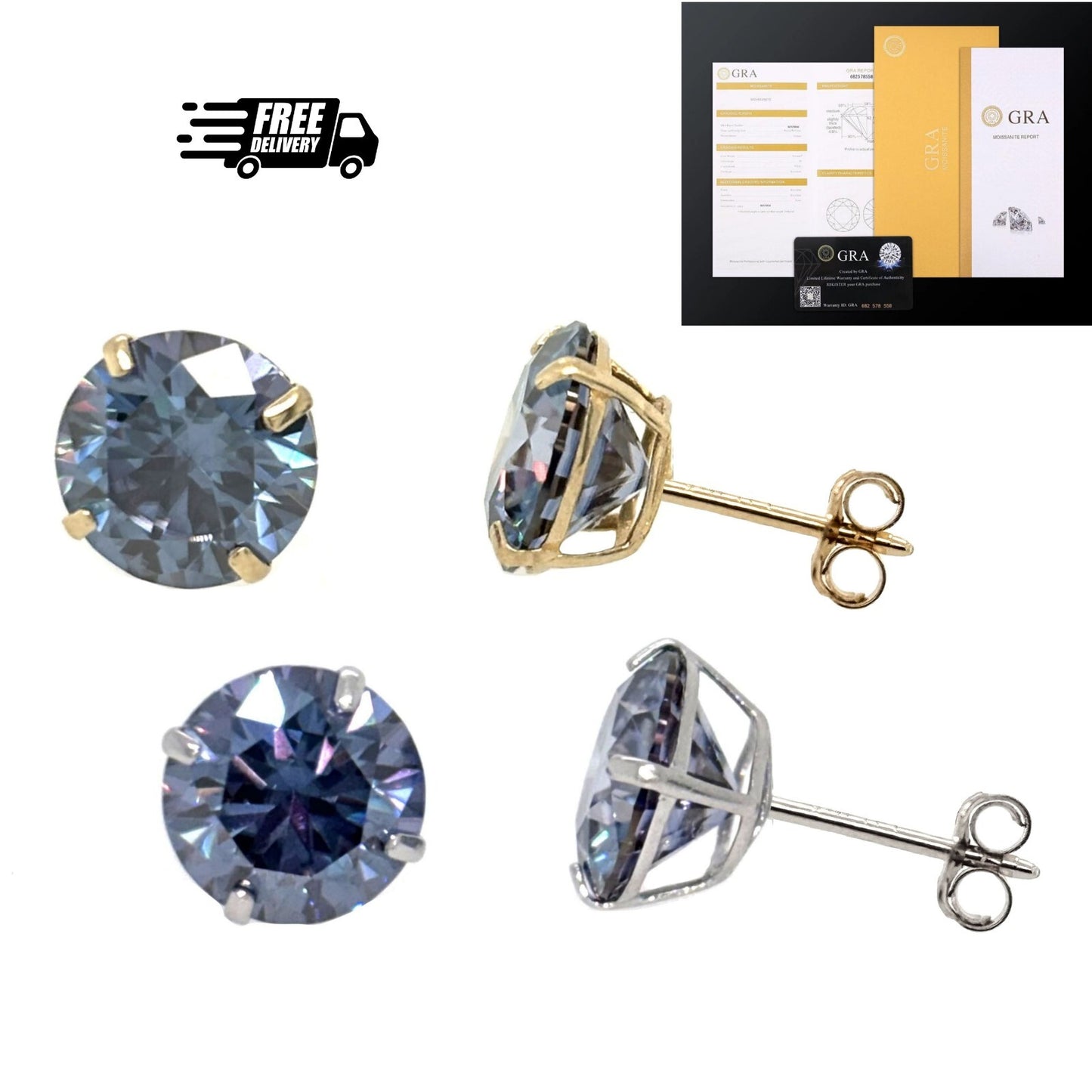14K Gold GRA Certified D-VVS1 Round Blue Moissanite Push Back Studs Earrings