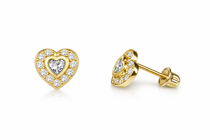 14k Solid Yellow Gold Halo Heart Stud Earrings