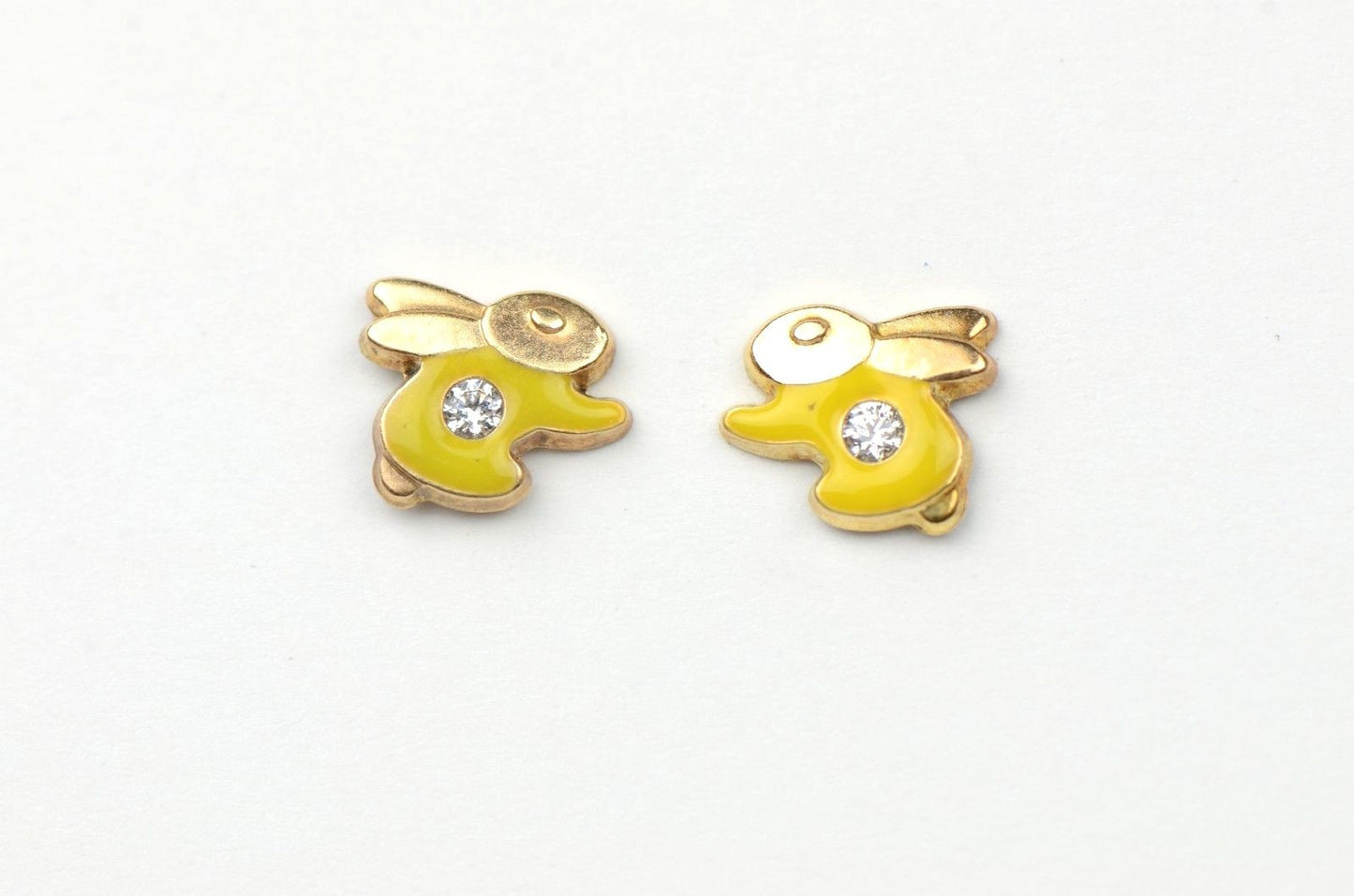 14k Yellow Gold Enamel and CZ Rabbit Baby earrings, Screw Back