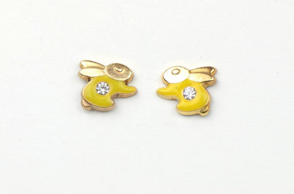 14k Yellow Gold Enamel and CZ Rabbit Baby earrings, Screw Back