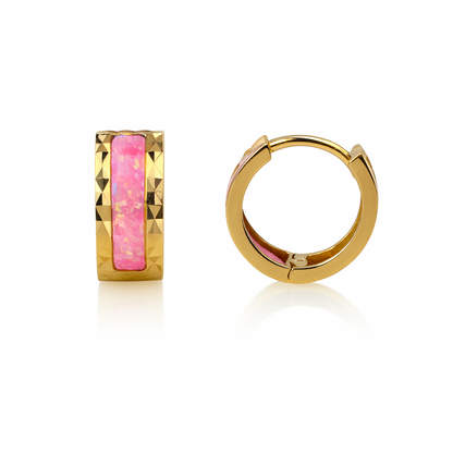 14k Yellow Gold Hot Pink Opal Huggie Hoop Earrings