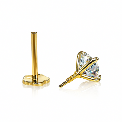 14K Yellow Gold Round Moissanite Barbell Earring With Screw Back