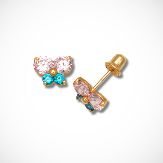 14k Yellow & White Gold Cubic Zirconia Butterfly Screw Back Earrings For Kids