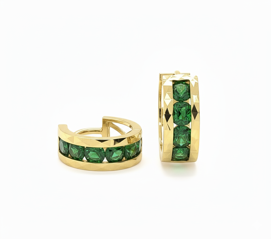 14k Yellow Gold Diamond Cut with Emerald CZ Birthstone Huggie Earrings