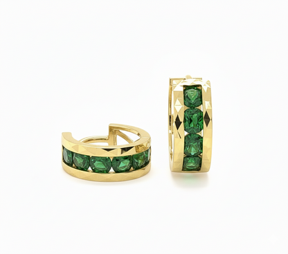 14k Yellow Gold Diamond Cut with Emerald CZ Birthstone Huggie Earrings