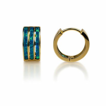 14k Yellow Gold Triple Row Dark Green Opal Huggie Hoop Earrings