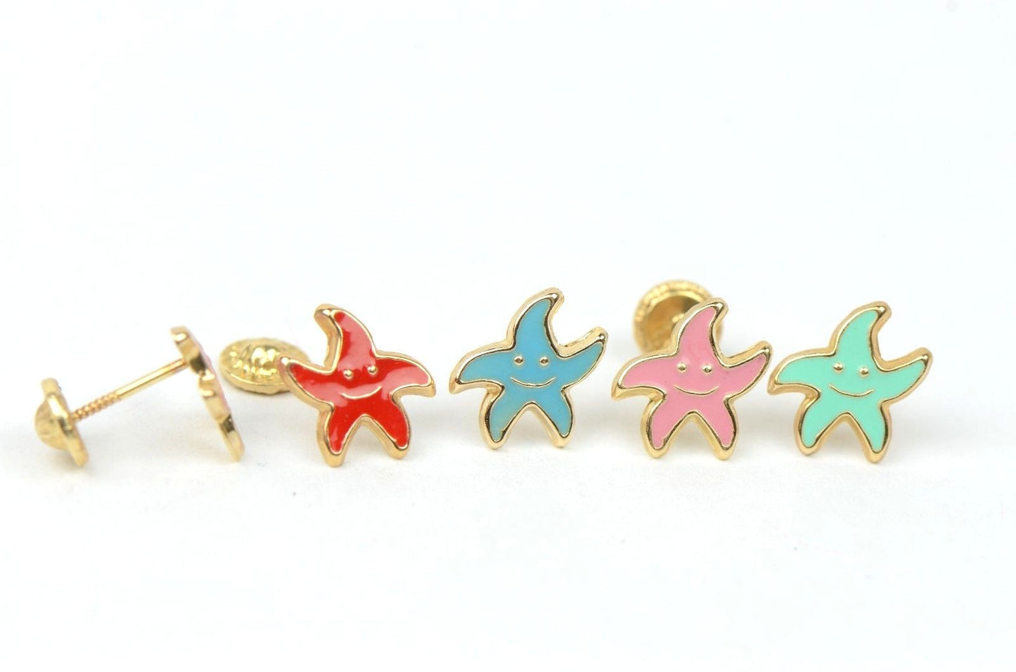14k Yellow Gold Enamel Starfish Baby earrings with Screw Back