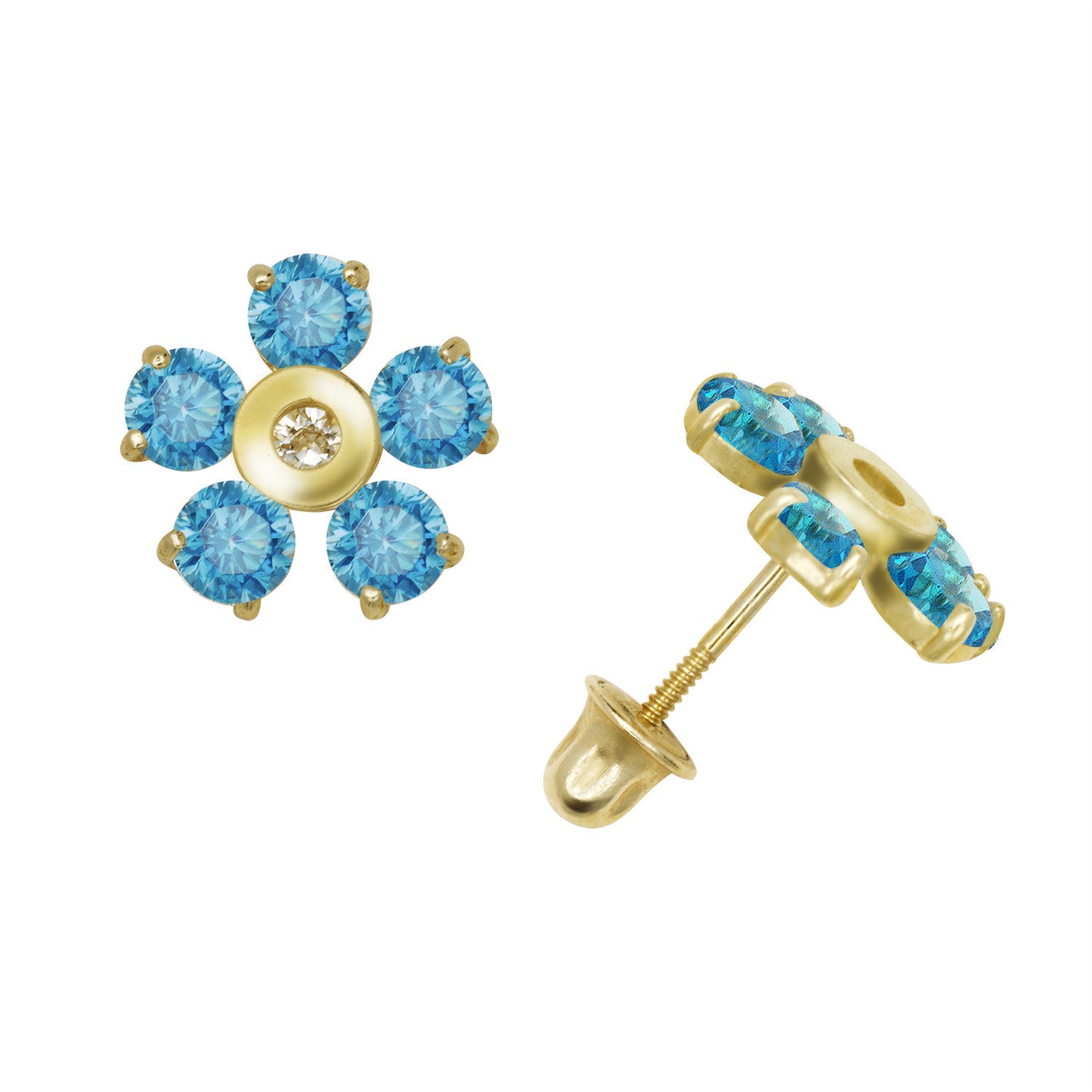 14k Yellow or White Gold CZ Flower Birthstone Stud Screw Back Earrings