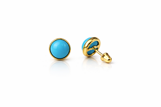 14K Yellow Gold Turquoise/Onyx/Coral Screw Back Solitaire Stud Earrings