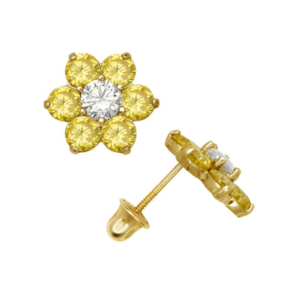 14k Yellow Gold Flower CZ Stud Earrings