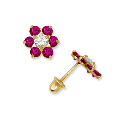14k Yellow Gold CZ Flower Birthstone Stud Screw Back Earrings