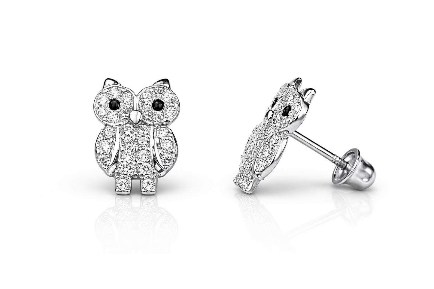 14k Solid Yellow or White Gold Owl Screw Back Stud Earrings with CZ