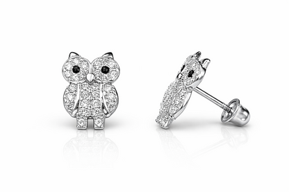 14k Solid Yellow or White Gold Owl Screw Back Stud Earrings with CZ