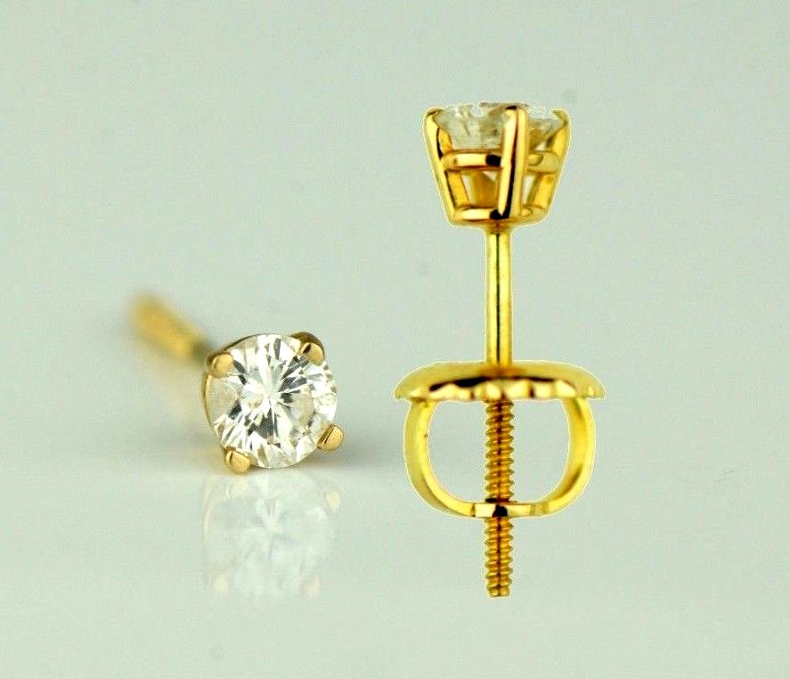14k Yellow Gold Round Diamond Stud Earring with Screw Back .20 PT TW.