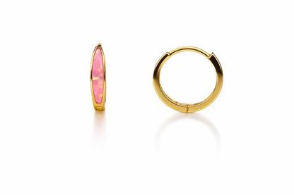 14k Yellow Gold Hot Pink Opal Huggie Hoop Earrings