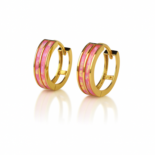 14k Yellow/White Gold Double Row Pink Opal Huggie Hoop Earrings