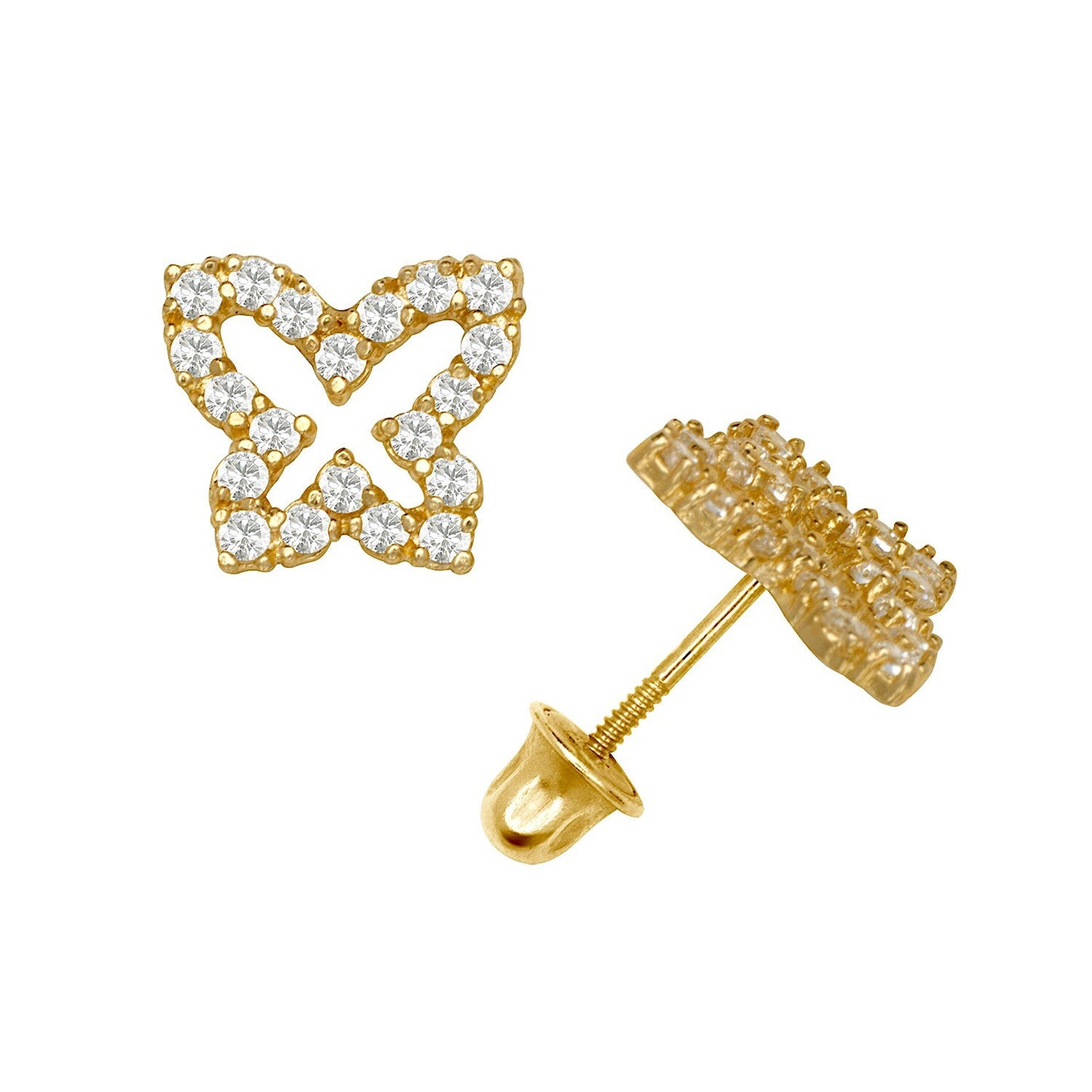 14K Yellow & White Gold Beautiful CZ Butterfly Stud Earrings for Girls