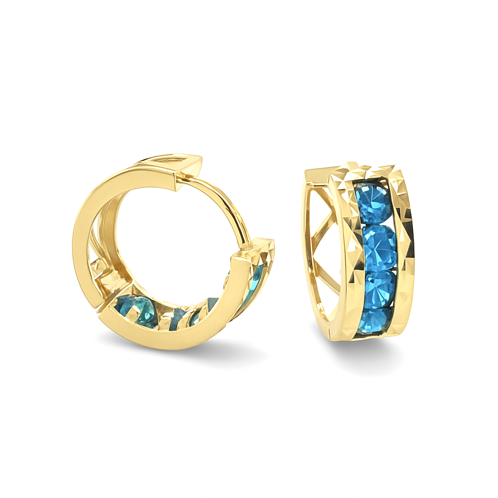 14k Yellow Gold Diamond Cut with Birthstone Huggie Earrings