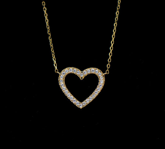 14K Yellow Gold CZ Heart Necklace Cable Chain