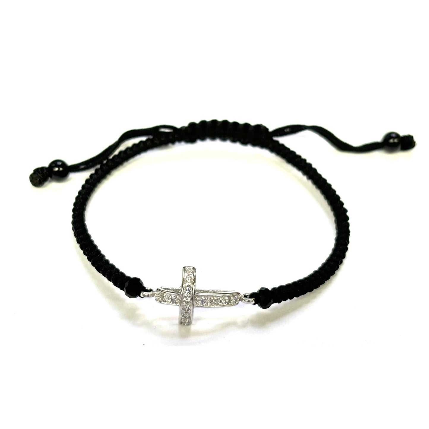 925 Sterling Silver String CZ Bracelet Cross 6" Adjustable to 11"