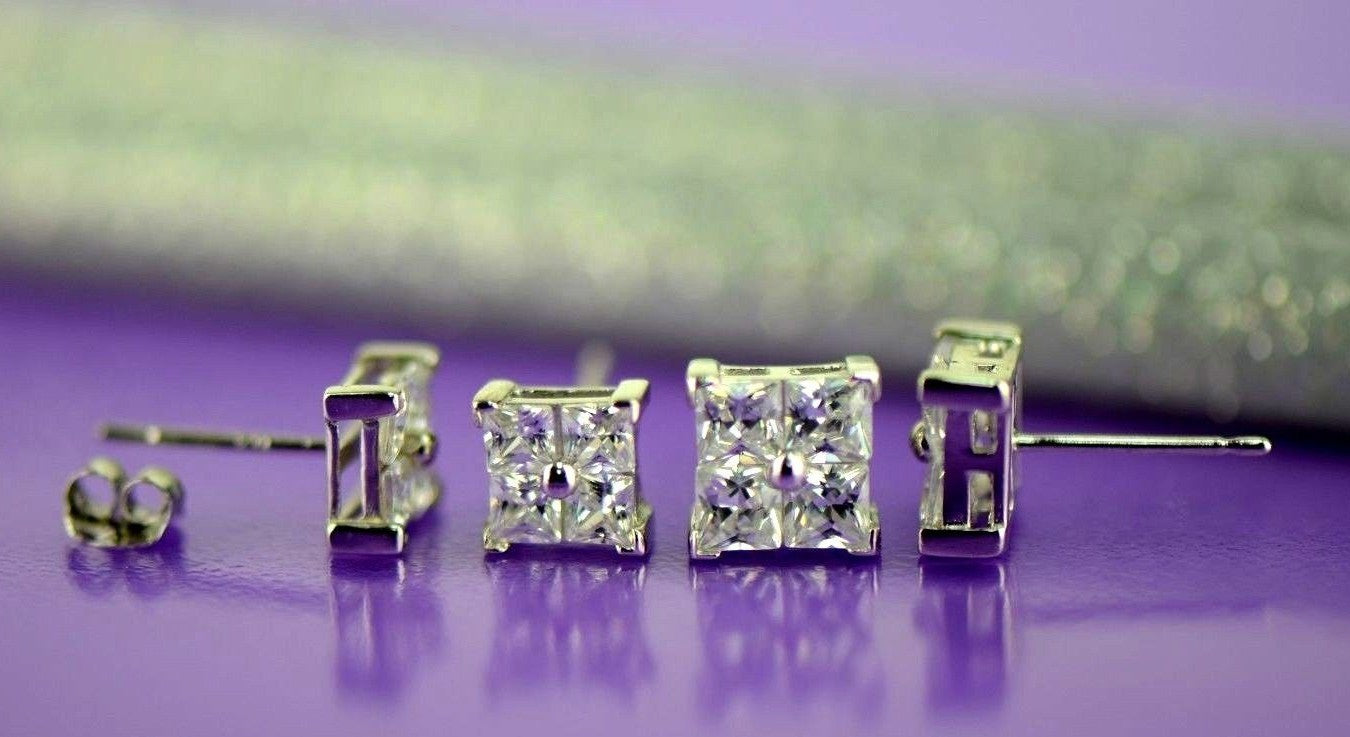 14K Yellow or White Gold Fancy Square CZ Stud Earrings
