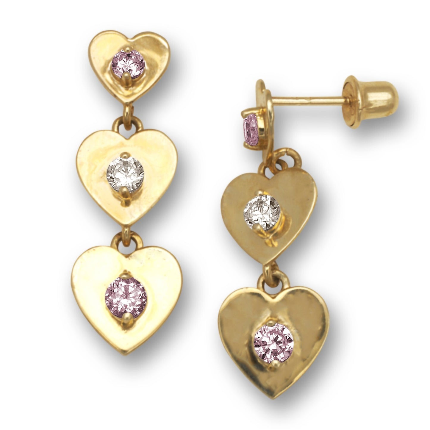 14K Yellow Gold Triple Heart Dangle Screw Back Earrings for Women