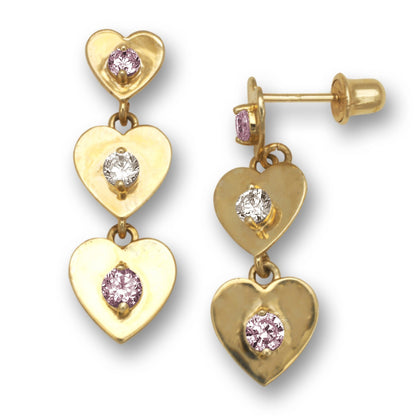 14K Yellow Gold Triple Heart Dangle Screw Back Earrings for Women