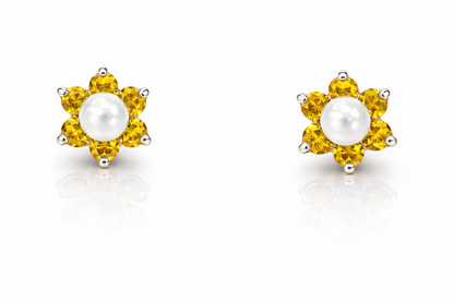 14k Yellow or White Gold Flower CZ Stud Earrings White Pearl with Screw Back
