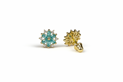 14K  Yellow Gold Beautiful CZ Flower Stud Earrings for Women