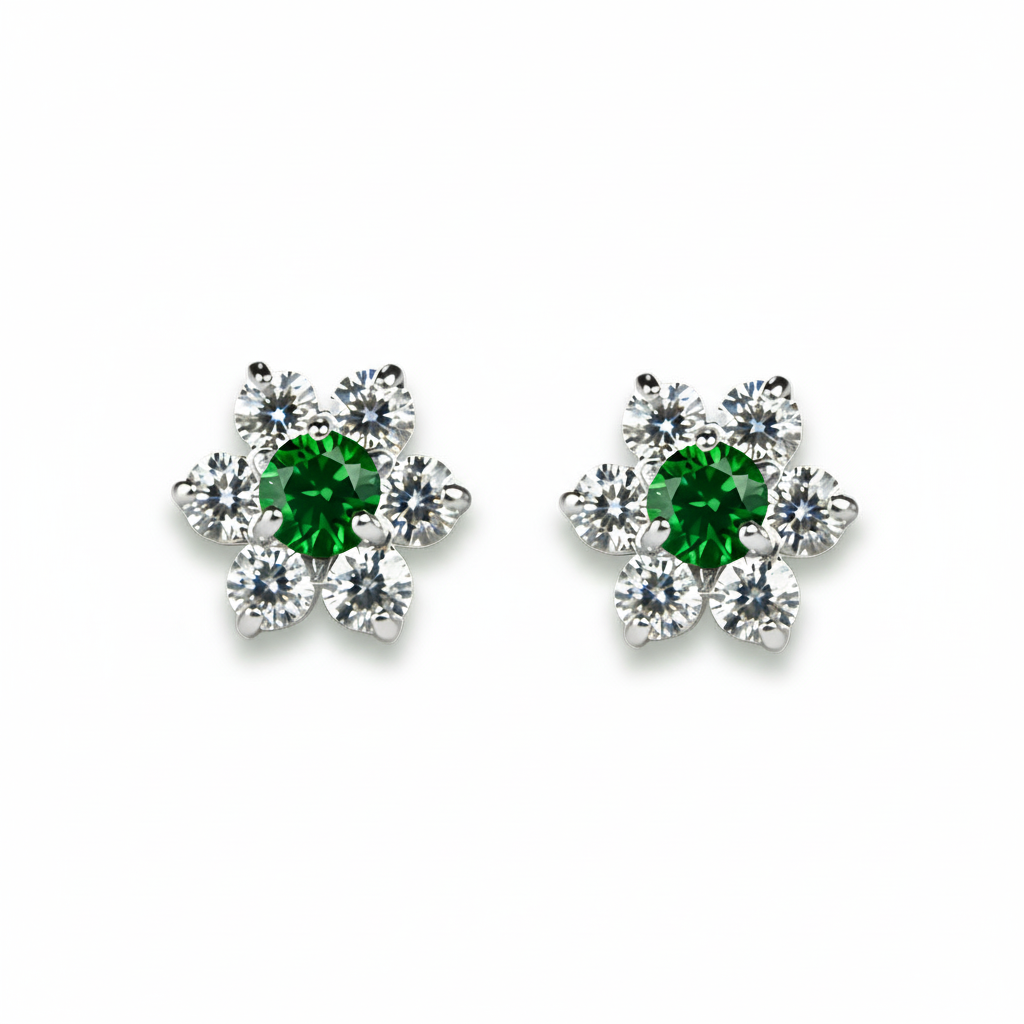 14K White Gold Beautiful Flower CZ Stud Earrings for Women