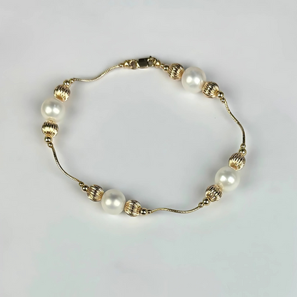 14K Yellow Gold Elegant Pearl & Gold Ball  Necklace Set for Women
