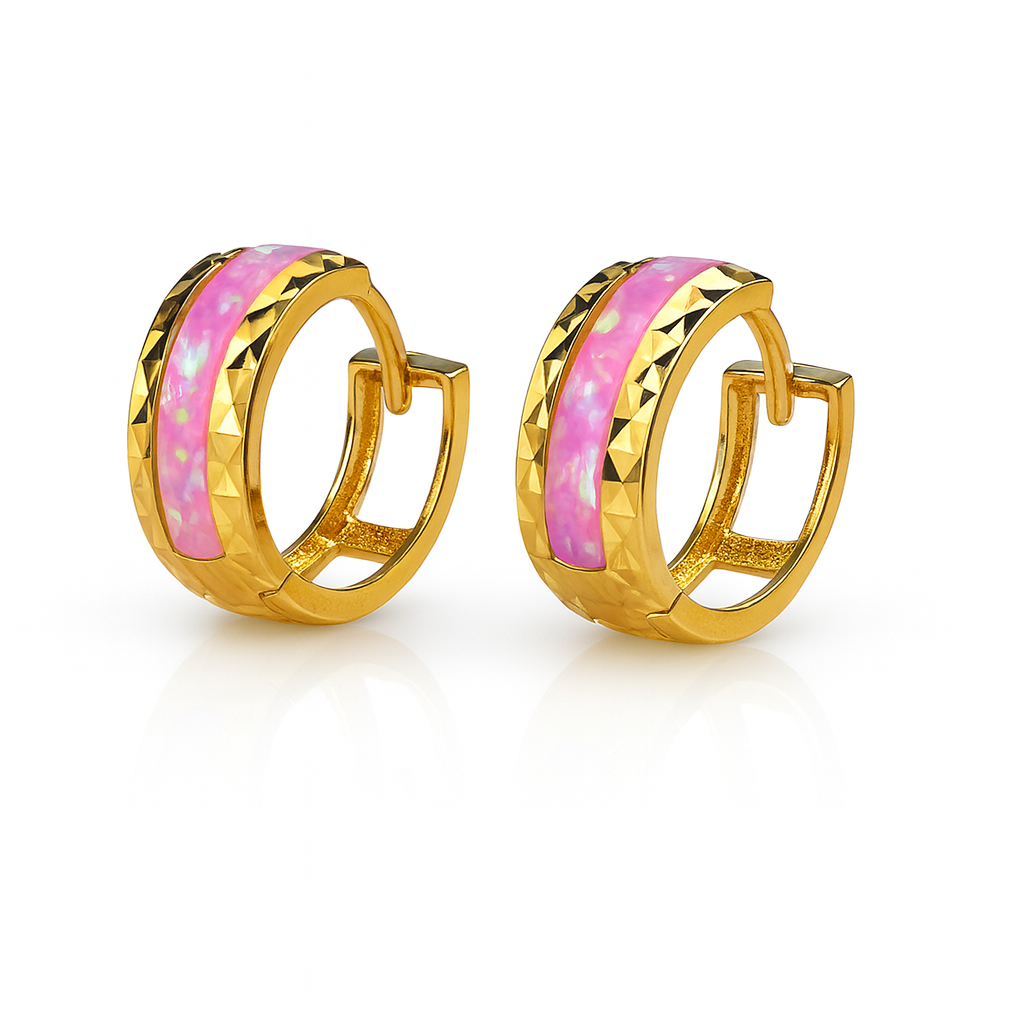 14k Yellow Gold Light Pink Opal Huggie Hoop Earrings