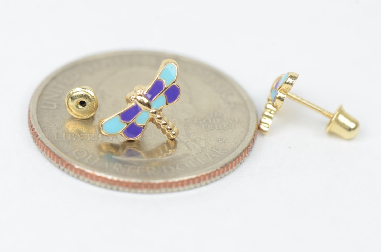 14k Yellow Gold Baby Enamel dragonfly earrings with Screw Back