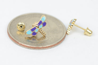 14k Yellow Gold Baby Enamel dragonfly earrings with Screw Back