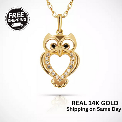 14k Yellow & White Gold CZ OWL Pendant For Women Jewelry