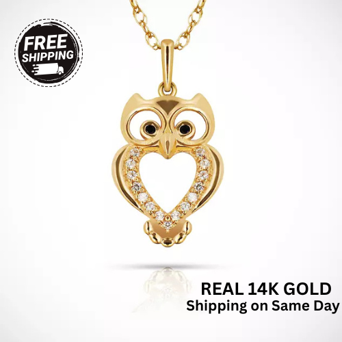 14k Yellow & White Gold CZ OWL Pendant For Women Jewelry