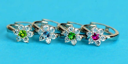 14k White Gold Flower Huggies Hoop Earring Birthstone