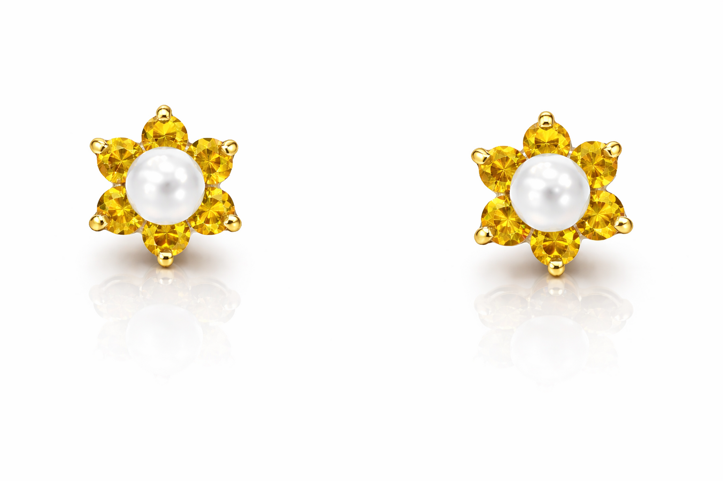 14k Yellow or White Gold Flower CZ Stud Earrings White Pearl with Screw Back