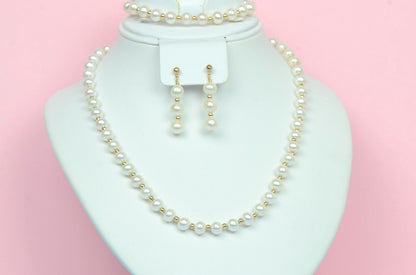14K Yellow Gold Natural White genuine Pearl Necklace, Bracelet, Earrings Set