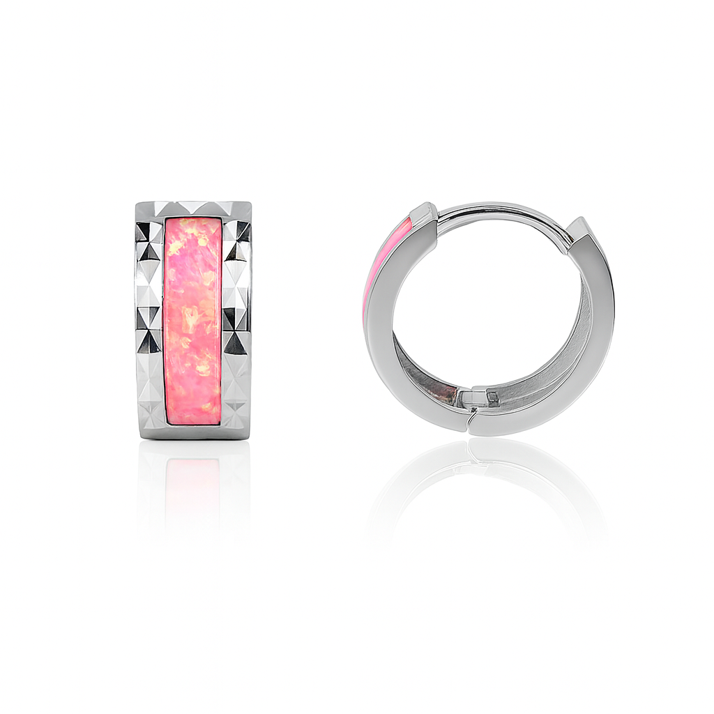 14k White Gold Hot Pink Opal Huggie Hoop Earrings