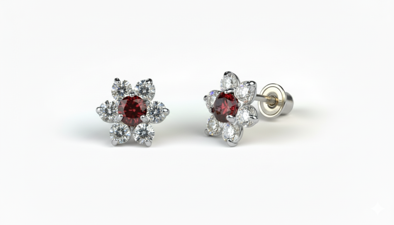 14K White Gold Beautiful Flower CZ Stud Earrings for Women