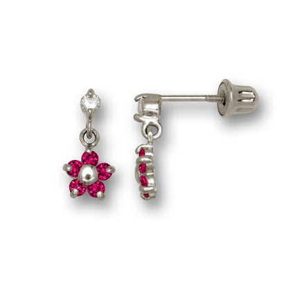 14k Yellow & White Gold Flower Dangle Stud Screw back Earrings for Girls