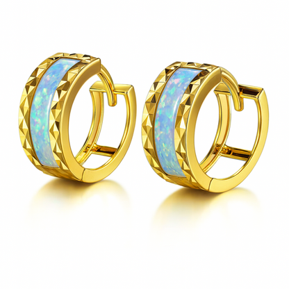 14k Yellow Gold Light Blue Opal Huggie Hoop Earrings
